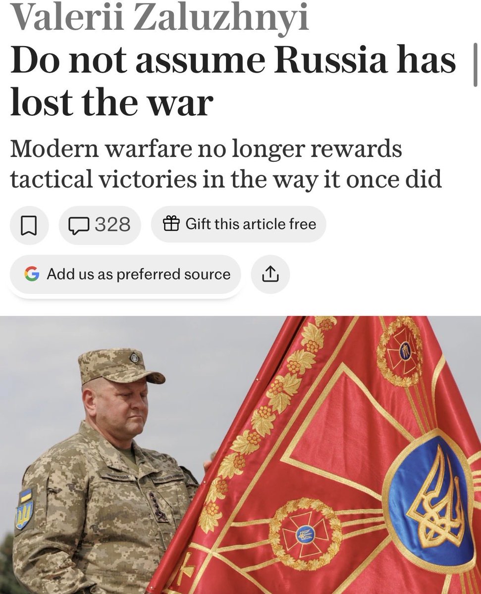HoansSolo's tweet photo. Interesting piece by Valerii Zaluzhnyi:

He notes that Russia has “effectively lost” the war are a dangerous misreading. The front has reached rough equilibrium: Russia can’t conquer Ukraine, but Ukraine can’t fully liberate occupied land by force alone. More mutual denial rather than decisive victory. On mid/long-range strikes: 

“Ukraine’s increasingly effective strikes against Russian logistics and critical infrastructure have imposed real costs on Moscow. But these attacks are expensive, technologically demanding and ultimately reciprocal. Russia retains the ability to strike back with equal or greater force. Neither side can rely on this form of warfare to produce a decisive strategic outcome.”