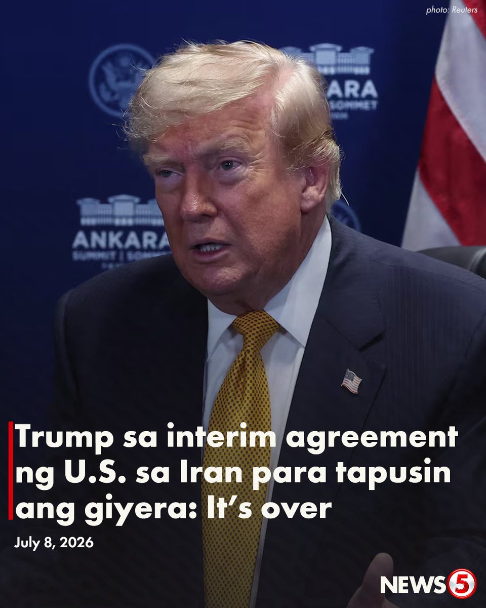 News5PH's tweet photo. ‘I DON’T WANT TO DEAL WITH THEM’

Tinapos ni U.S. Pres. Donald Trump ang memorandum of understanding na nilagdaan nila kasama ang Iran para tapusin ang giyera.

Layon ng interim ceasefire agreement na magbigay ng 60-day window para sa negosasyon sa permanenteng kasunduan.

Sa kabila nito, tila wala umanong usad ang negosasyon. Nagpakawala rin ng panibagong strikes ang U.S. military sa Iran.

“They're scum. They're ​sick people. They're led by sick people… As far as I'm concerned, it's just a waste of time dealing with them,” ani Trump. | via Reuters