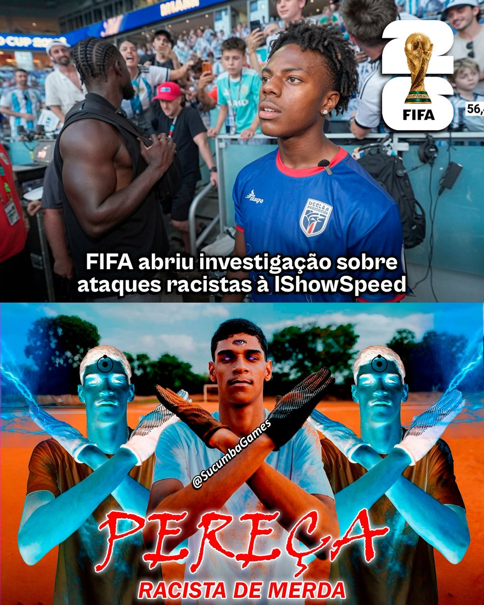 SucumbaGames's tweet photo. A FIFA abriu uma investigação sobre os ataques racistas que IShowSpeed sofreu de torcedores argentinos durante o jogo contra Cabo Verde. 

Ontem, esse comportamento foi reproduzido novamente pelos torcedores argentinos na partida contra o Egito. https://t.co/zQrzR8pWij