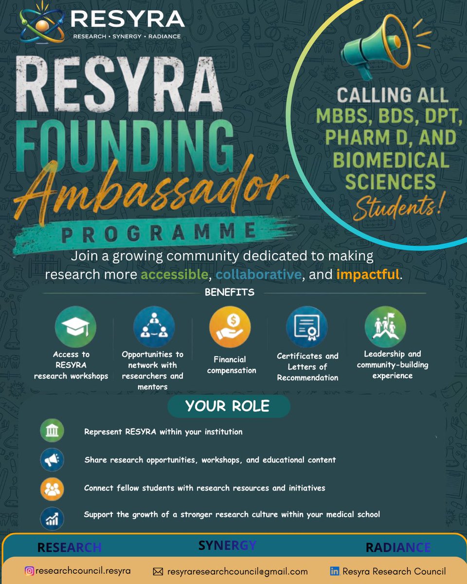 researchresyra's tweet photo. Join our team as a founding campus ambassador!!This role will give you an opportunity to lead,inspire and promote a research culture in your medical school. Link to apply is mentioned in the caption and in our page’s bio as well. https://t.co/CXAN3lsKbP
