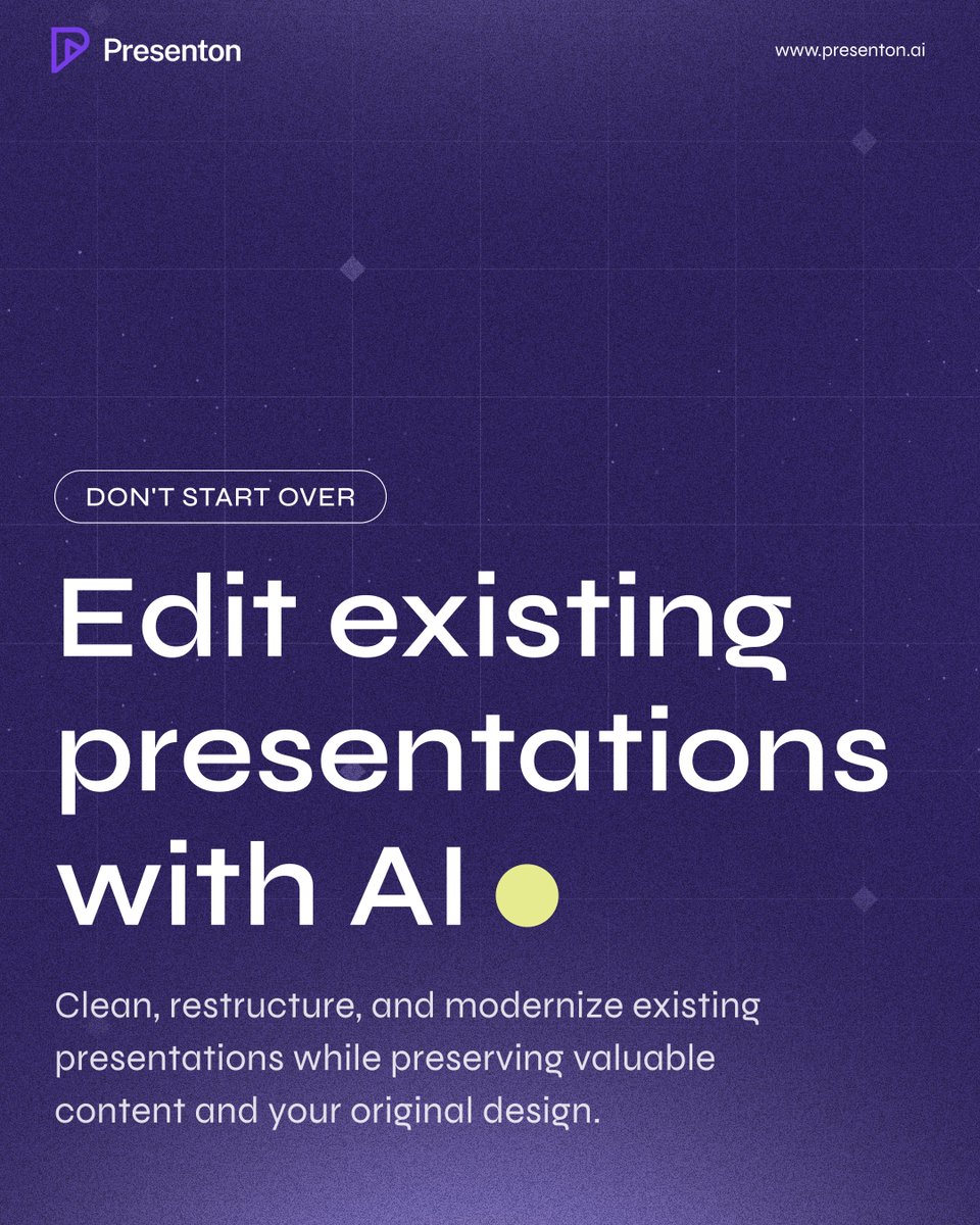 presentonai's tweet photo. Old deck. Good content. Weak flow.
Upload it to Presenton and edit it with AI. Clean the copy, restructure slides, modernize the deck, and keep the work worth saving.
https://t.co/x34Gs6W1TC
#Presenton #AIPresentations #DeckDesign #AIWorkflow https://t.co/2LRdwolKkb