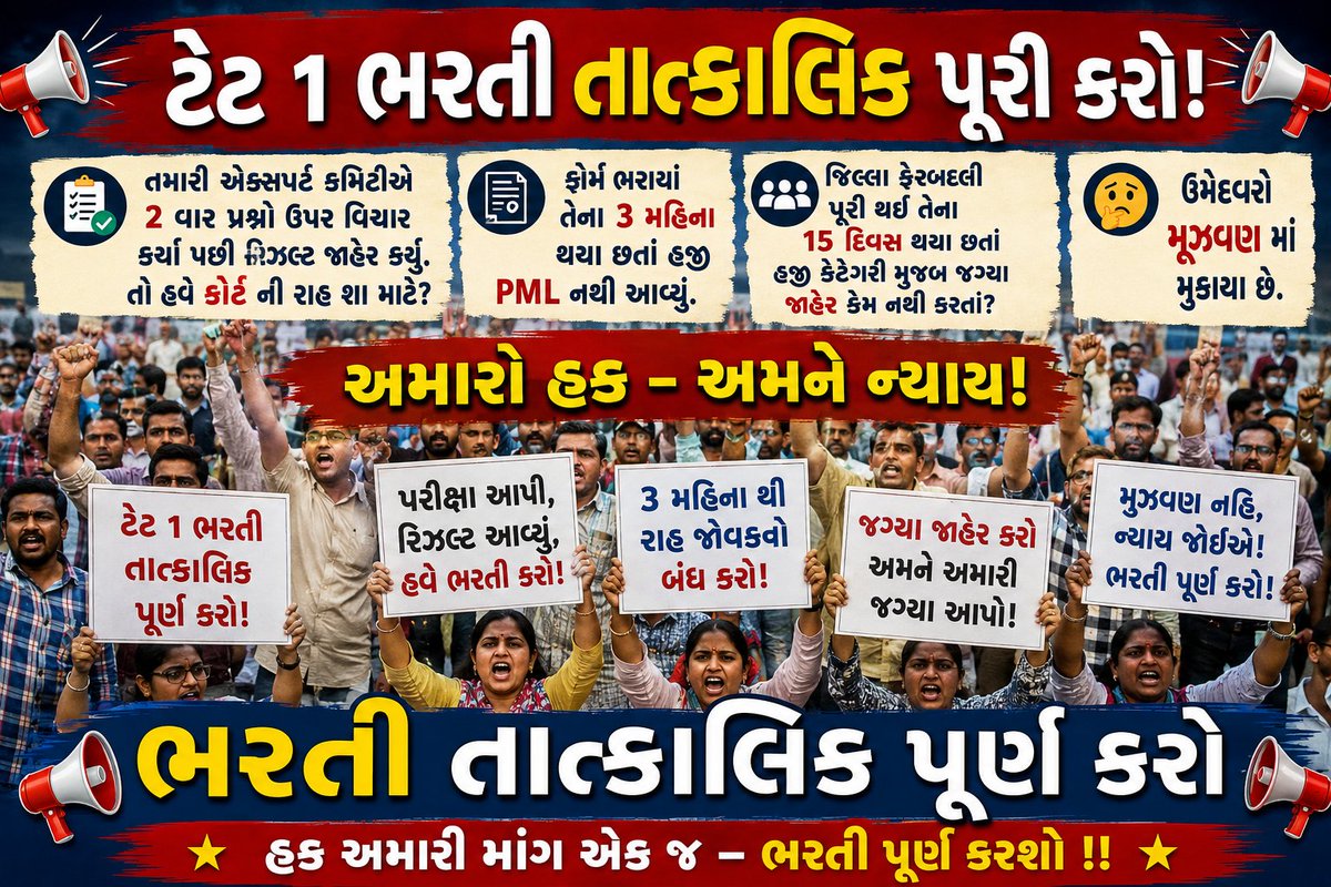 CMakvana97799's tweet photo. ટેટ-1 ભરતી તાત્કાલિક પૂર્ણ કરો.
એક્સપર્ટ કમિટીએ બે વખત પ્રશ્નોની સમીક્ષા બાદ પરિણામ જાહેર કર્યું. ફોર્મ ભરાયાને 3 મહિના થયા, જિલ્લા ફેરબદલી પણ પૂર્ણ થઈ ગઈ છતાં કેટેગરી મુજબ જગ્યાઓ જાહેર નથી.
ઉમેદવારોને વધુ રાહ ન કરાવો. કેટેગરી મુજબ જગ્યાઓ જાહેર કરી ભરતી પૂર્ણ કરો.
#TET1 # https://t.co/Ur7cZkzaRq
