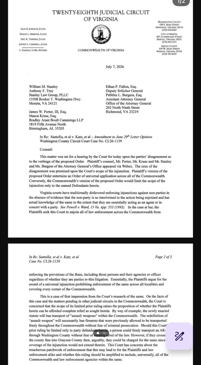 AssocAnderson's tweet photo. The assault weapon ban injunction entered is now clearly a statewide injunction effective July 21, 2026. All law enforcement is enjoined from enforcement of the law. Every jurisdiction. Every officer. 

It is now clear and unequivocal that the injunction is statewide 

Great job Senator Stanley.  The entire Commonwealth is now covered by the protection of this order until such time as a higher court determines otherwise.