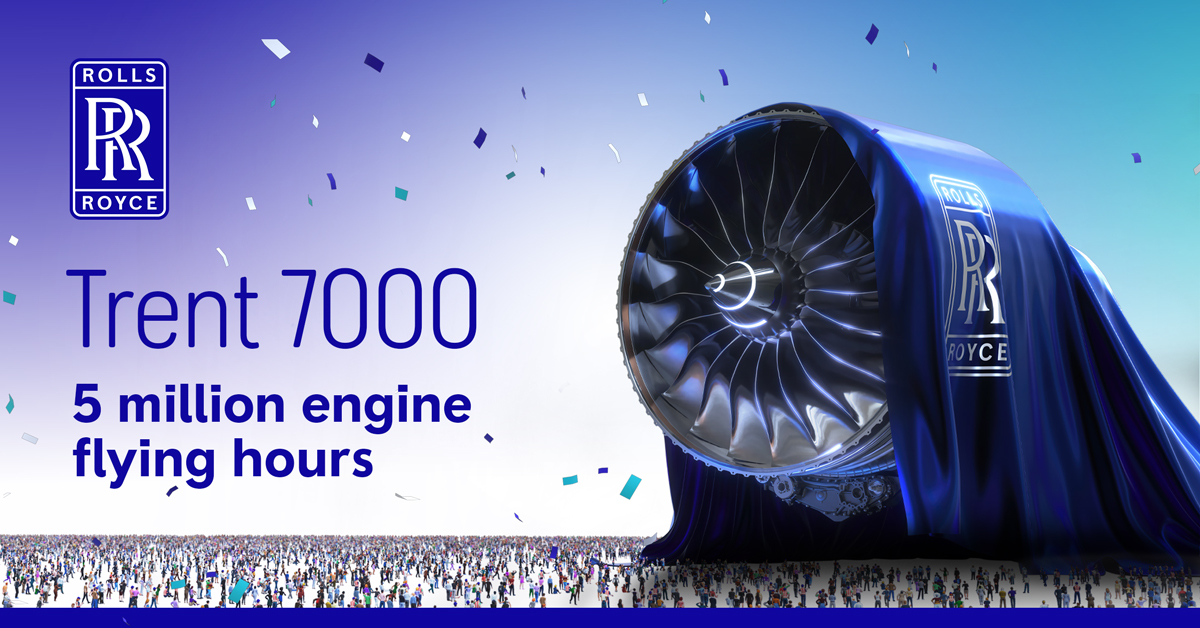 RollsRoyce's tweet photo. The Trent 7000 has now passed 5 million flying hours, helping airlines carry 95 million passengers over more than a billion miles. Powering the Airbus A330neo, it brings together reliability, versatility and efficiency in real operations. https://t.co/Ce2tY4hDxD