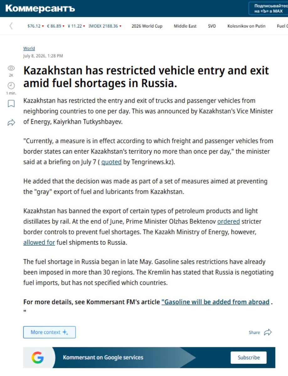 CasetaBosque's tweet photo. 🚨Debido a la escasez de combustible en Rusia 🇷🇺, Kazajistán 🇰🇿 ha limitado el número de veces que un automóvil o un camión puede entrar y salir por día desde otro país, ya los ciudadanos rusos 🇷🇺 de las regiones fronterizas con Kazajistán 🇰🇿 estaban entrando al país  para obtener combustible de forma masiva.

La campaña ucraniana 🇺🇦 contra el petróleo ruso 🇷🇺 está funcionando.