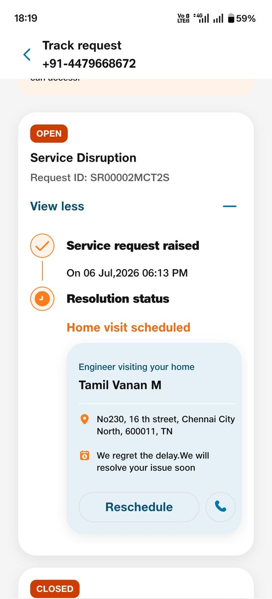 thanigaivel90's tweet photo. I raised a complaint on 6th jul evening regarding service disruption from My Jio app. Reschedule engineer visit several times and till now this remains the same. Went directly to nearest hub and there is no pIroper response from them, worst customer service @JioCare @reliancejio https://t.co/b4SBeDCTem