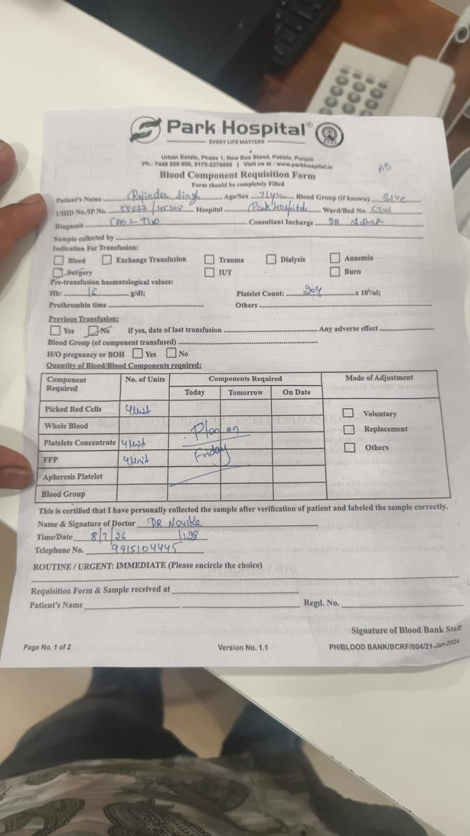 SevaKoderma's tweet photo. Patient name - Rajinder singh
Age -71
Blood group - B+
Hospital - Park hospital patiala
CTVS Ward 
Bed number 6
Contact:
9857019292
Need 4 units B+
@BloodDonorsIn 
@OfficialDPRPP 
@PatialaPolice 
@nzccpatiala 
@PbiUniPatiala https://t.co/H6tYzkA1Vs