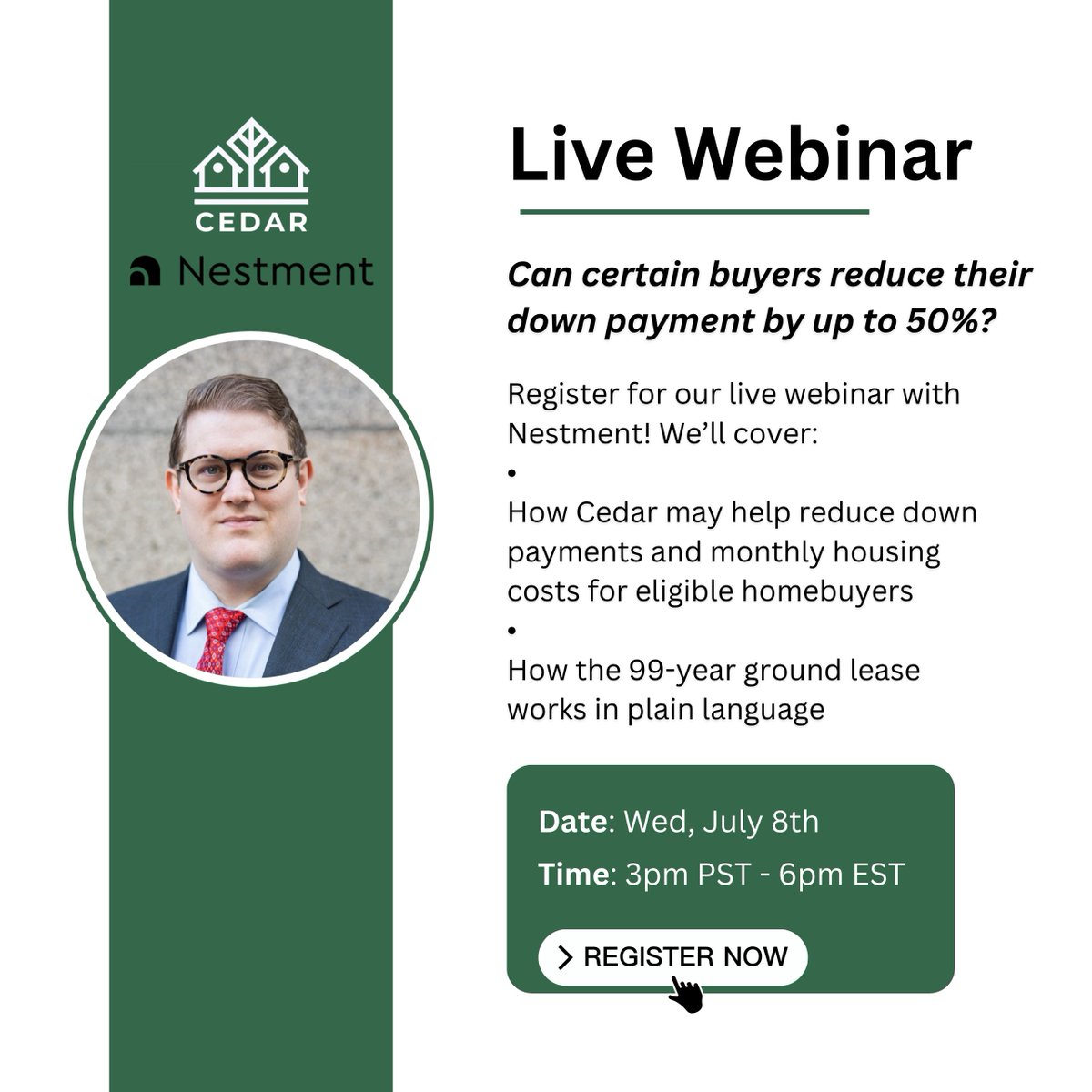 Get_Cedar's tweet photo. There's still time to join today's live webinar with Nestment!

📅  Wednesday, July 8
🕒 3:00 PM PT | 6:00 PM ET

Register here: https://t.co/SvTTf4BPdo https://t.co/Et5D8xyoIe