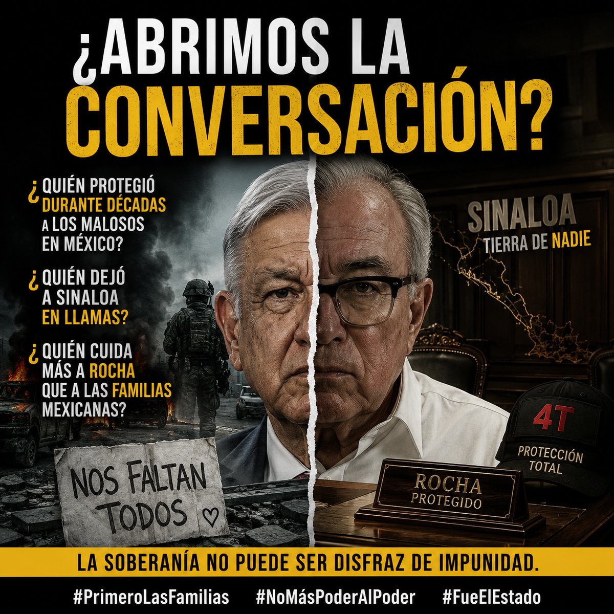 SocCivilMx's tweet photo. Ahora @Claudiashein quiere abrir la conversación preguntando si @KenSalazar  mintió

Nosotros la vamos a abrir con la pregunta que sí importa:

1⃣¿Quién protegió durante décadas a los Malosos en México?

2⃣¿Quién dejó a Sinaloa en llamas?

3⃣¿Quién cuida más a Rocha que a las familias mexicanas?

La soberanía no puede ser disfraz de impunidad
#PrimeroLasFamilias
#NoMásPoderAlPoder
#FueElEstado