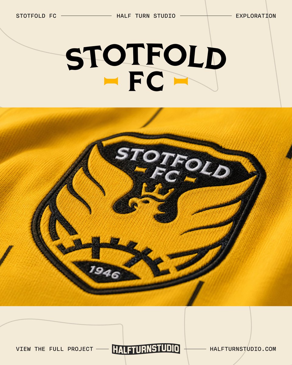 HALFTURNSTUDIO's tweet photo. STOTFOLD FC - REIMAGINED 🦅🟡⚫️ 

We’ve built an identity that feels unmistakably Stotfold- rooted in the club’s history but sharp enough to carry it forward. 

More bite. More story. More belief. 

View the full exploration at https://t.co/4AZe3aX9P8 🔗 

@stotfoldfc #smsports https://t.co/CY8sjEU4jT