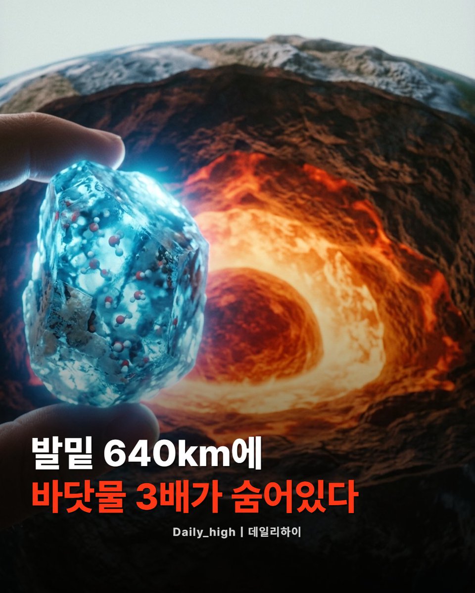 daily_highkr's tweet photo. 발밑에 바다가 있다는 말, 처음엔 그냥 SF 영화 얘기인 줄 알았어요.

근데 진짜더라고요.

과학자들이 지구 지하 약 640km 깊이에서, 지표면 바닷물 전체보다 3배 많은 양의 물을 찾아냈습니다.
찰랑거리는 액체 바다가 아니라, '링우다이트'라는 푸른 광물 속에 분자 형태로 갇혀 있는 거예요.
스펀지가 물을 빨아들이듯 암석이 그 방대한 물을 품고 있는 셈이죠.

더 흥미로운 건 이 발견이 지구의 물 기원에 대한 기존 학설을 흔들고 있다는 점입니다.
지금까지는 지구의 물이 혜성 충돌로 외부에서 유입됐다는 설이 유력했는데,
사실은 지구 내부에서 만들어졌을 가능성이 높아진 거니까요.

우주로 나가는 시대에, 정작 우리 발밑의 세상도 아직 다 모르고 있었다는 게 신기하죠.

여러분은 지구에서 아직 발견 못 한 게 뭐가 있을 것 같다고 생각하세요? 🌍