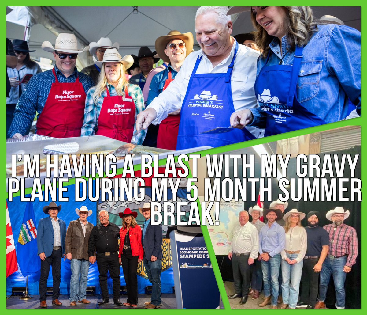 portagebaygirl1's tweet photo. Did you notice during his 5 month break, Doug’s just flying around on his luxury gravy jet WE PAY $10K/hour for? One day he flies to Utah, then flies with his 7 MPPs to the Stampede, where he flips pancakes in his cowboy costume. He really has the best job.😡 https://t.co/Yhsw1x5IbT