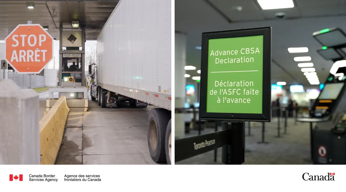 Collage of two images. Left: Stop sign. Right: Advanced CBSA Declaration sign