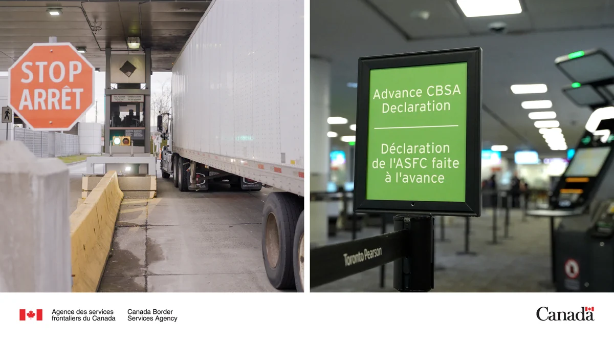 Collage de deux images. À gauche : panneau « arrêt ». À droite : panneau « Déclaration de l'ASFC faite à l'avamce ».