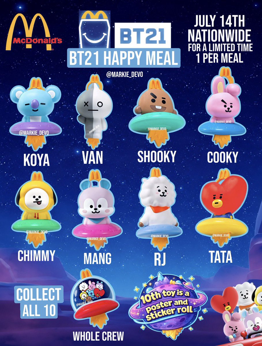 BTS_613Ari's tweet photo. BT21とマクドナルドの2026年コラボキャンペーンの続報発表‼️
🔻コラボ情報まとめ
https://t.co/zIlsw5I05J

BT21のハッピーセットが新登場！
9種類のマスコットやポスターとステッカーなどの全10種類の限定おもちゃがもらえます。
可愛すぎる😍💜

＊日本国内での開催は未定です。
#BT21 #McDonalds https://t.co/Q04mRXCwmx