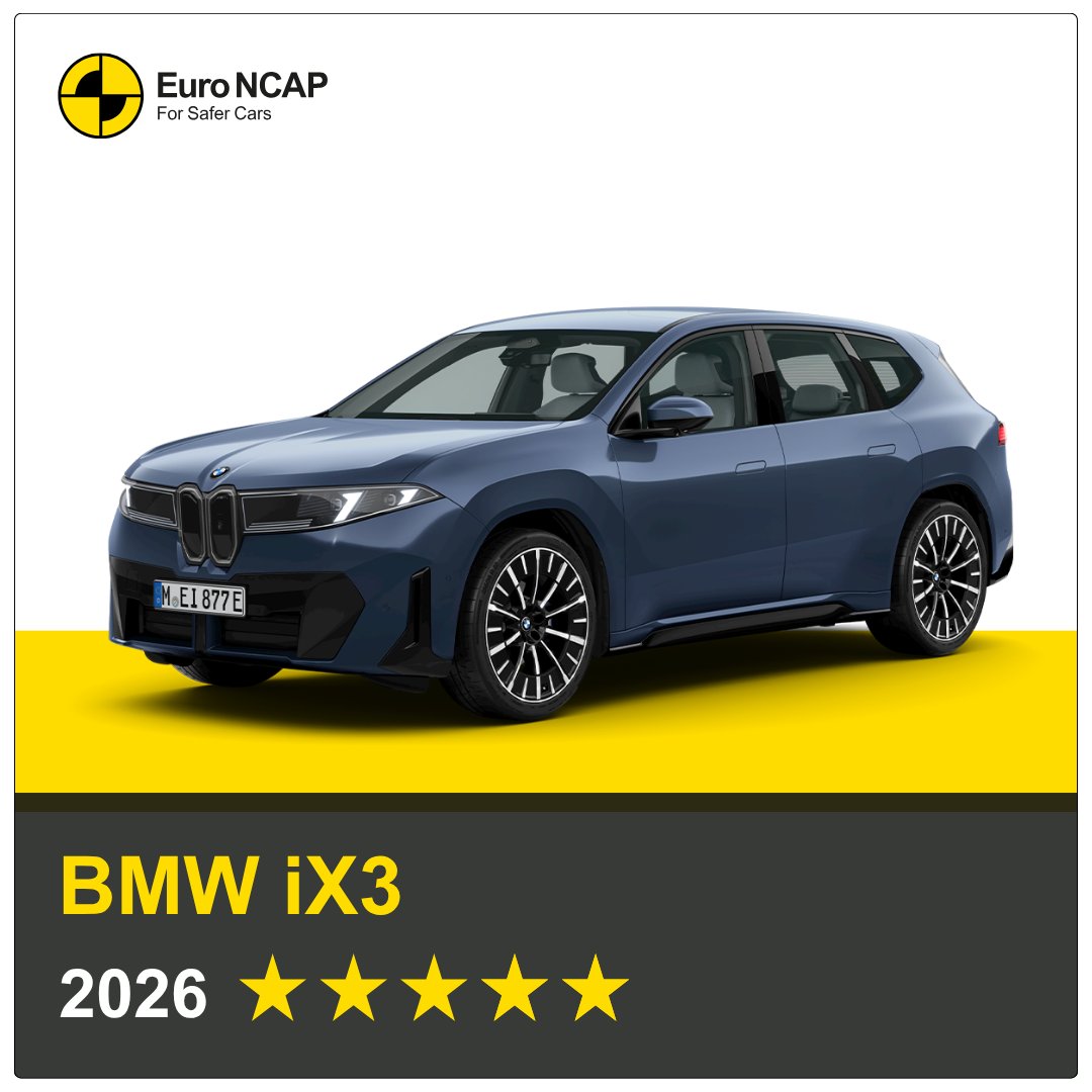 EuroNCAP's tweet photo. ⭐️ @BMW iX3 proves it's up to Euro NCAP's challenge and gains 5 stars  ⭐️
 
The all-new BMW iX3 is 1 of the first vehicles assessed under Euro NCAP’s 2026 testing protocols and is awarded Euro NCAP’s highest five-star rating. 🚗⭐
 
https://t.co/pFHhJAH9wX 🚗
 
#forsafercars https://t.co/60Wblezy9N