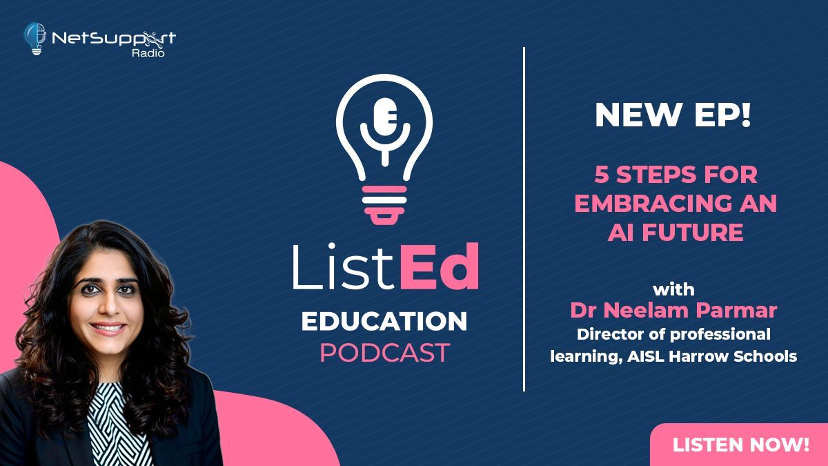 NetSupportGroup's tweet photo. 🚀 New ListEd Podcast episode out now!

Want to successfully lead your school into the AI era? Tune in as Dr Neelam Parmar (Director of Professional Learning at AISL Harrow Schools) shares 5 steps for embracing an AI future.

🎧 Listen now to effectively navigate AI implementation in your school! https://t.co/YTeyAiAEsY 

#EdTech #AIinEducation #SchoolLeadership #DigitalTransformation #ListEdPodcast