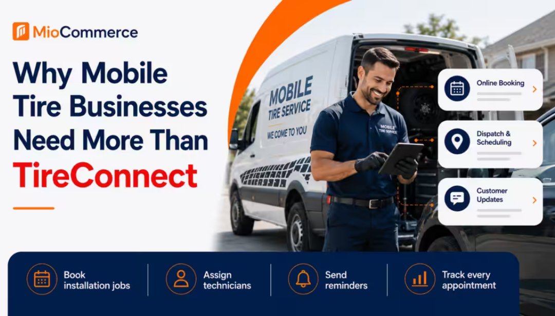 MioCommerce's tweet photo. TireConnect sells the tire. It doesn't dispatch the technician.
Here's the gap costing mobile tire businesses their rebookings, and how to close it.
π https://t.co/Eqw5PgYDth
#FieldService #DispatchSoftware #MioCommerce https://t.co/bsyNIrAeLj