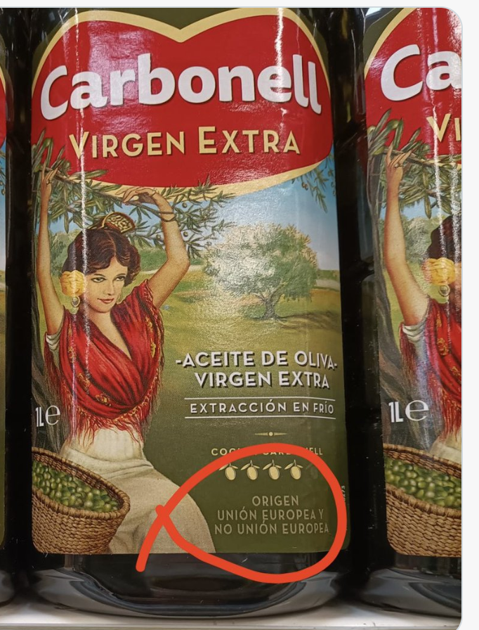 hermanntertsch's tweet photo. Me alegro de la rápida reacción de Aceites Carbonell que asegura que no vende aceite procedente de Marruecos. Y me disculparé por mi error en cuanto en cuanto me informe sobre cuál es el origen que no es de la Unión Europea del que informan en las etiquetas de sus botellas de aceite de oliva virgen extra.