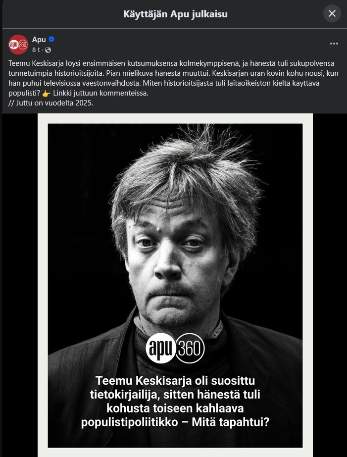 NooraMuittari's tweet photo. "Laitaoikeiston kieltä käyttävä populisti"?

Historioitsijana Teemu Keskisarja tietää että kielellä ja sanojen merkityksellä on väliä.

Niin tietänee myös Apu-lehden toimittaja-aktivisti ja agendajournalisti (toimittajaktivisti?) joka uskoo tarkoituksensa olevan journalistina tärkeämpää muuttaa maailmaa ja kertoa maailmasta niin kuin sen pitäisi olla kuin kertoa asioista miten ne todellisuudessa ovat.

Jos se tarkoittaa puhdasta valehtelua ja manipulaatiota "poliittisista vihollisista", niin se on täysin oikeutettua vasemmistolaisessa moraalikäsityksessä.

Islamin ja marxistien epäpyhä liitto toimiii juuri sen takia niin hyvin. Molemmat oikeuttavat vaikka millaisen joustavuuden totuuden suhteen, jos se vain palvelee "kamppailun" tarkoitusperiä.

Marxismissa eettisyys perustuu siihen mikä edustaa mahdollisuutta vallankaappaukseen. Se, mikä edistää vallankumousta, on eettistä.

Ja aivan kuten on lukemattomista epäonnistuneista sosialismin kokeiluista saatu kuulla - "ei ole oikeasti kokeiltu" - niin myös islamissa, kun sen väistämättömänä seurauksena jihadisti tarttuu Koraaniin ja lähtee islamista inspiroituneeta terroriin, aina perustellaan miten "se ei edusta oikeasti islamia".

Vaikka kumpikin edustaa täsmälleen sitä mitä nämä kuolonkultit ovat. Mikä on niiden ydin, tarkoitus ja seuraus.

Kuolema, kauhu ja vaino.

Sitä edeltää valehtelu, panettelu ja mustamaalaaminen. Kaikkien niiden, jotka eivät asetu linjaan. Jotka eivät suostu toistamaan Puolueen viestiä sanasta sanaan. Jotka eivät suostu uskomaan ennemmin Puolueen sanomaa kuin omia silmiään ja korviaan.

Mitä Suomi tarvitsee on radikaalia totuutta, uskallusta puolustaa totuutta ja puhua totuutta. Koska jos ei puhu totuutta, ylläpitää valhetta.