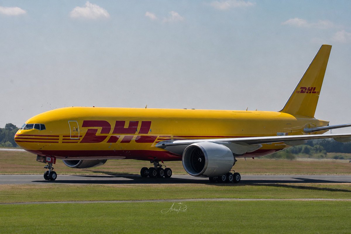 AirbusRed's tweet photo. The first Boeing 777-200LRMF (Long Range Mammoth Freighter) to be converted from passenger to cargo at Manchester. Former Delta Air Lines, N703DN is seen here arriving from Teruel after painting into the colours of its new operator DHL. @777Mammoth @manairport @BoeingUK #Boeing https://t.co/J5yc5YAqv8