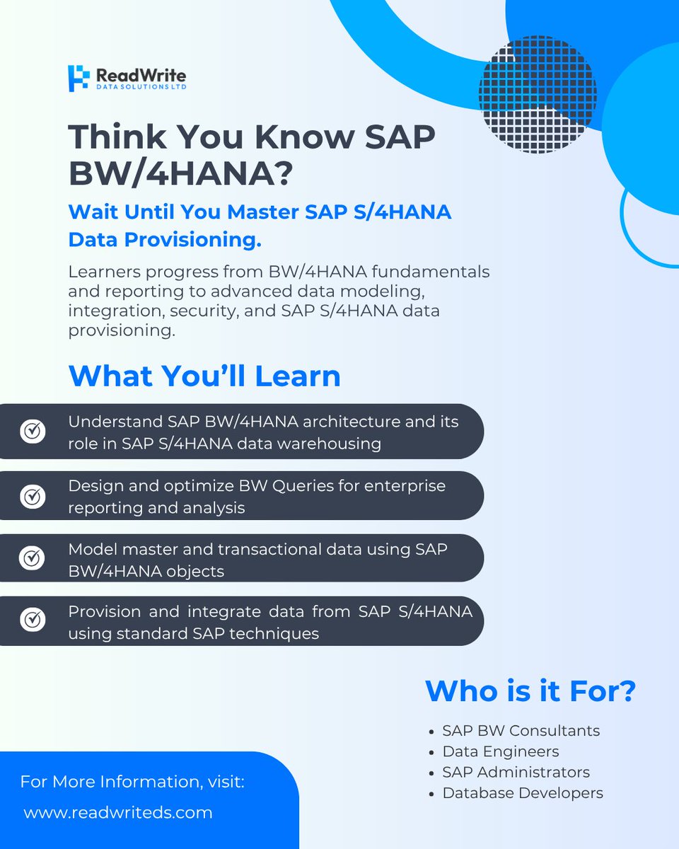 ReadWriteDS's tweet photo. Move from understanding the platform to mastering how enterprise data is modeled, and delivered for business insights.

Whether you're a SAP Consultant,or Database Developer, this course equips you with practical, in-demand skills.

Start learning today.
https://t.co/EAwkD6zdJK https://t.co/Ij6khri9A8