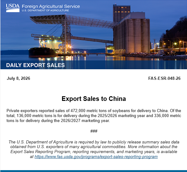 UGCProfitPrtner's tweet photo. Private exporters reported sales of 472,000 metric tons of soybeans for delivery to #China. Of the total, 136,000 metric tons is for delivery during the 2025/2026 marketing year and 336,000 metric tons is for delivery during the 2026/2027 marketing year. https://t.co/hcXqTHZnyz