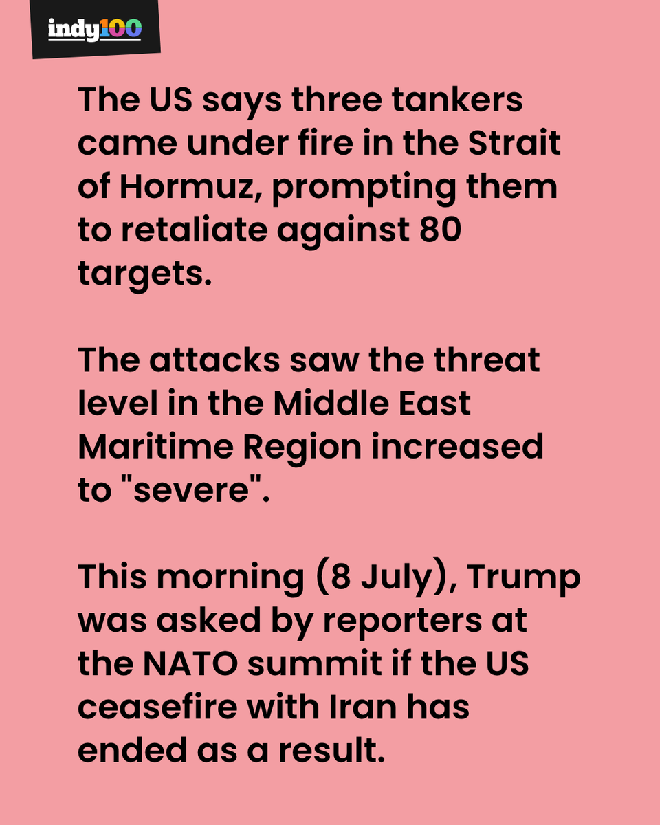 indy100's tweet photo. Trump lashes out at 'scum' Iran as he dubs ceasefire 'over' - everyone says same thing 😶

Donald Trump has hit out at 'scum' Iran and dubbed their ceasefire 'over' after the US military launched a series of 'powerful' strikes at 10pm yesterday (7 July).

https://t.co/jh9IM2D5Pd https://t.co/xSmBgBSMIE