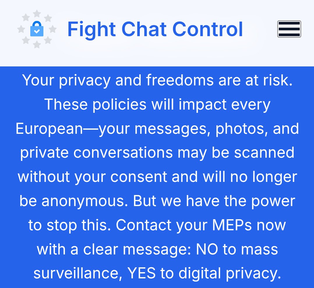 NXT4EU's tweet photo. Use this tool to contact multiple politicians at once against Chat Control:

https://t.co/ufzonaHu60 https://t.co/HeFCuyNRrj