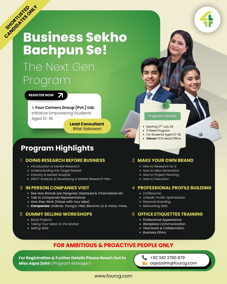 FourCornersGp's tweet photo. For Registration &amp; Further Details Please Reach Out to:

Miss Aqsa Zahir (Program Manager)
Phone: +92 342 2780 879
Email: aqsazahir@fourcg.com

Applications are now open. https://t.co/WNFxP51bfV