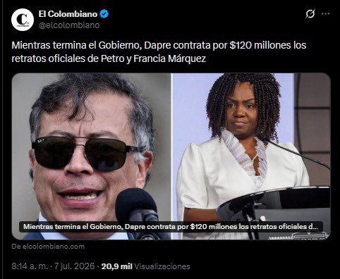 MariaFdaCabal's tweet photo. ¡Descarados! Los colombianos pagaremos de nuestros impuestos el retrato de Petro por 75 millones de pesos, mientras que el de Francia Márquez fue contratado por 45,5 millones.

Son 120,5 millones de pesos para los retratos de la inutilidad. https://t.co/E3Ff8EVh6y