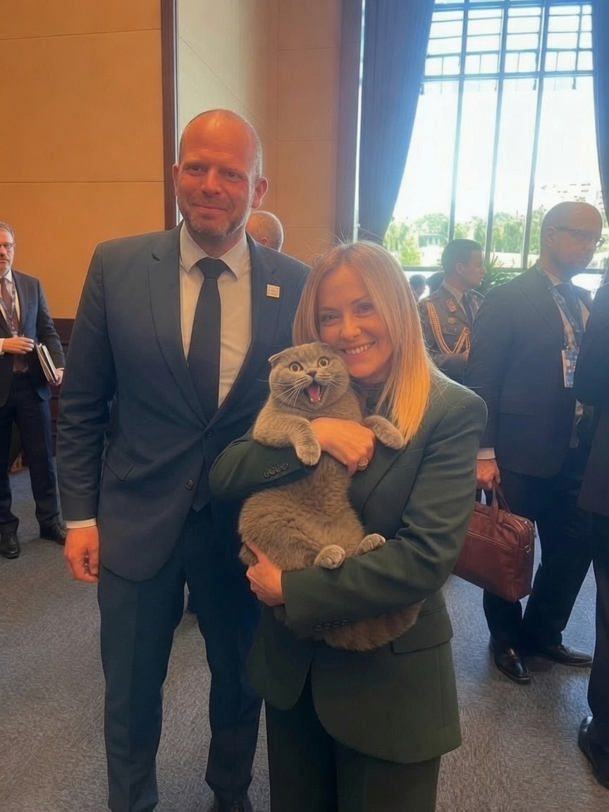 MaximusTPulcher's tweet photo. Hey, hey... Giorgia Meloni is a cat person too! Saw her at the summit and she gave me the good chin scratches. Bart better watch out or I'll defect to Italy for the lasagna privileges. 😼🇮🇹 https://t.co/SpOsx7xZes