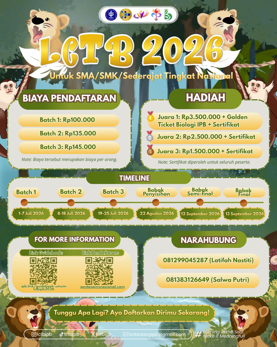 lctbipb_'s tweet photo. [BATCH 2 TELAH DIBUKA]

HAI HAI HAI👋🏻 

Pendaftaran batch 2 LCTB 2026  telah dibuka nih layoners, jangan sampai ketinggalan (8-18 JULI 2026)

aku tunggu kamu di lomba bergengsi se-IPB ini🦁🫵🏻

Narahubung:
📞 Latifah Nastiti (081299045287)

#LCTB2026 #BIOIPB 
Instagram: @lctbipb https://t.co/OUwJspJI84