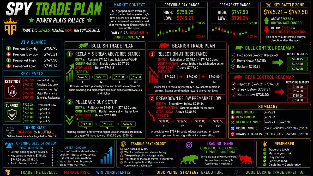 power_plays22's tweet photo. 🚨 SPY DAILY TRADE PLAN | POWER PLAYS PALACE 🚨
Today's market opens with a gap-down setup, putting $745.21 and $747.50 at the center of today's battle.

🐂 Bull Trigger: $745.21 (Reclaim)
📈 Bull Confirmation: $747.50
🎯 Targets: $750.95 • $752.50 • $754.00 https://t.co/QgNSLFPJQz