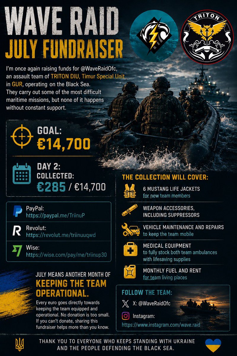 trinzu's tweet photo. Please help me move this collection forward.

The team needs life jackets, vehicle repairs, fuel, medical equipment and weapon accessories.

🎯 Goal: €14,700
💰 Day 2: €285

PayPal:
https://t.co/XHVEV9o0Ub

Revolut:
https://t.co/EhMRQ04Pp7 https://t.co/VIxNECe6T7