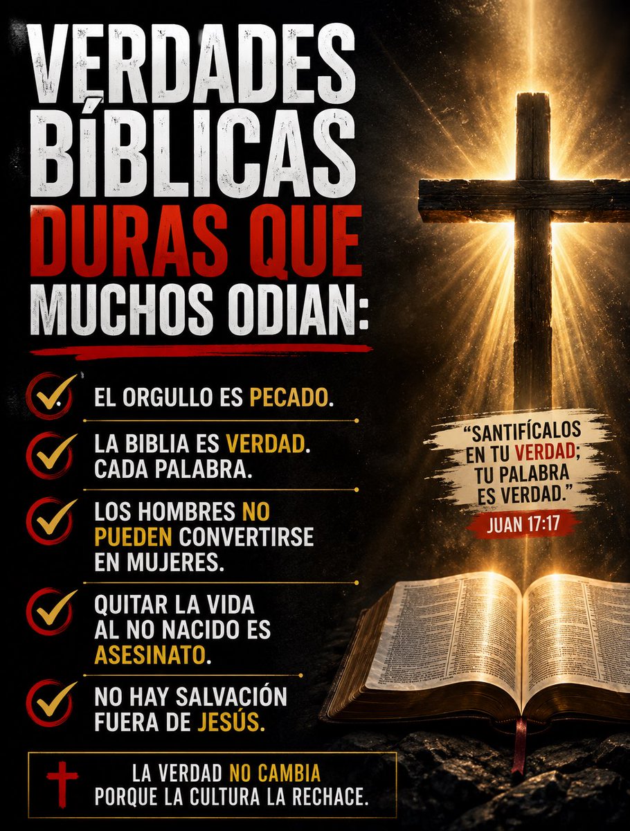 jvientos's tweet photo. Verdades bíblicas duras que muchos odian:

✅ El orgullo es pecado.
✅ La Biblia es verdad. Cada palabra.
✅ Los hombres no pueden convertirse en mujeres.
✅ Quitar la vida al no nacido es asesinato.
✅ No hay salvación fuera de Jesús. https://t.co/qG0FXyE15W