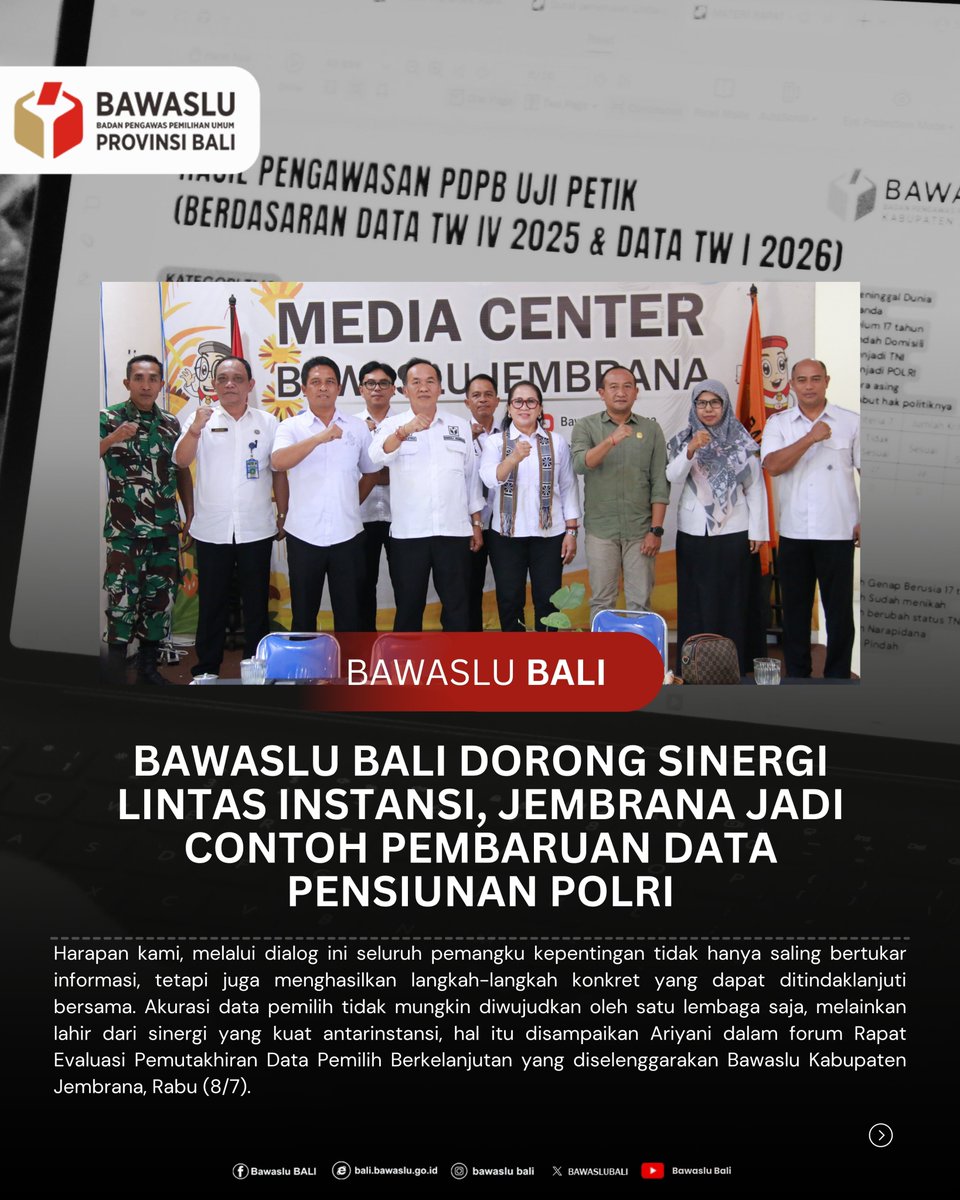 BAWASLUBALI's tweet photo. Bawaslu Bali Dorong Sinergi Lintas Instansi, Jembrana Jadi Contoh Pembaruan Data Pensiunan Polri

Baca selengkapnya di :
https://t.co/k6mu9xL3kU https://t.co/T88QNxYzie