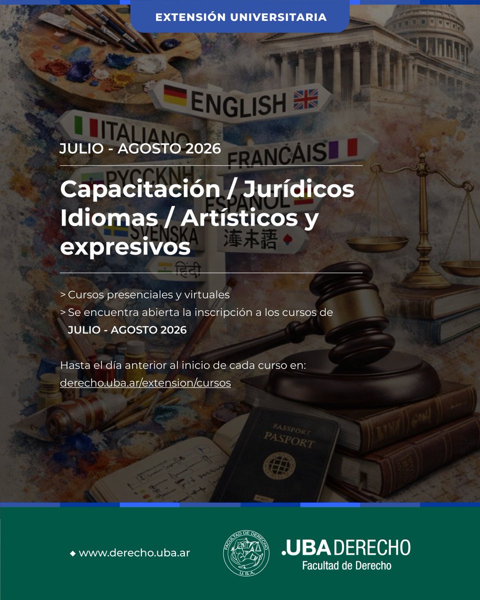 DerechoUBA's tweet photo. 🎨🎵🗣 ¡Arte y expresión, capacitación, idiomas y más!

📢📝 Se encuentra abierta la inscripción a los talleres artísticos y expresivos de @extderechouba 

➕ Más información: https://t.co/P7sbSODAWb

@extension_fduba #Cursos #Arte #Expresión #Capacitación #Idiomas https://t.co/UggYqajdGg