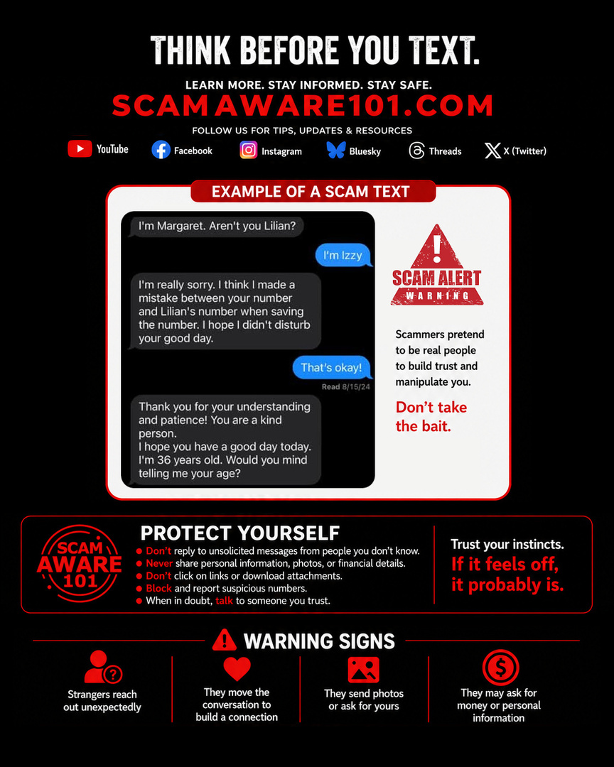 scamaware101's tweet photo. Wrong Number Scam (Text Message Scams): Have you ever received a text from someone claiming they have the wrong number? Many of these messages are not accidents. Scammers use this tactic to start conversations with potential victims. #WrongNumberScam #TextMessageScam #ScamAware… https://t.co/p9tS6nmAyZ