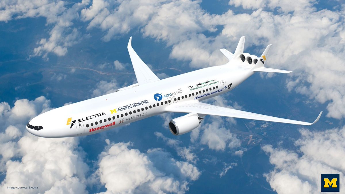 UMich's tweet photo. A new airliner concept co-designed by @MichiganAero engineers aims to transform the future of aviation with a turboelectric design that delivers a 17% boost in fuel efficiency using a wider, lift-contributing body and innovative electric tail fans. ✈️ https://t.co/fNQluMYPXW https://t.co/ESZ8WFVqpZ
