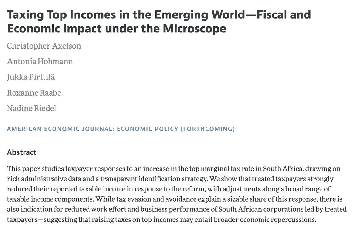 JustinSandefur's tweet photo. Paper documents a laffer curve for taxing top-incomes in South Africa: marginal rates went up, tax receipts went down. I'm less persuaded by the evidence it was partially due to reduced labor supply, not (just) tax avoidance/evasion -- but a policy challenge either way. https://t.co/dNw8C8cR37