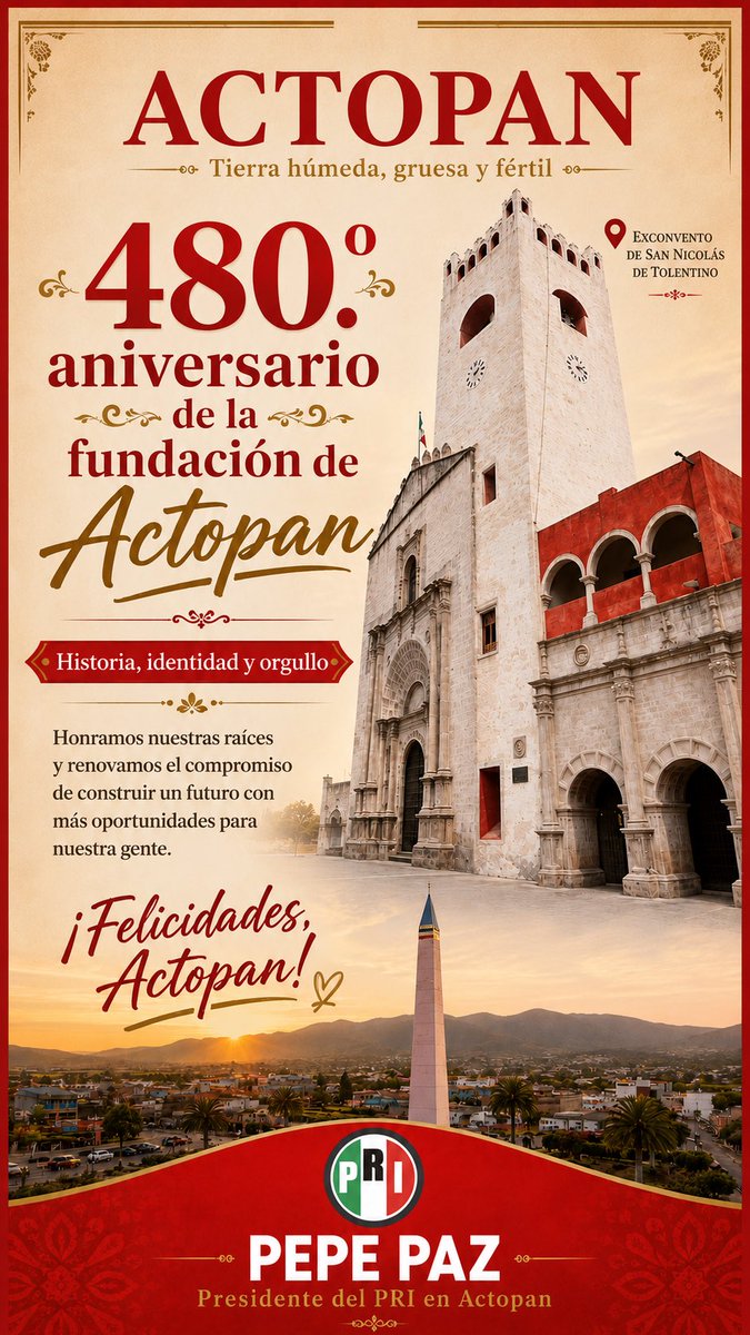 PepePaz9's tweet photo. Hoy 8 de julio celebramos 480 años de tradición y amor por nuestro querido #Actopan #Hidalgo.
¡Felicidades a todas y todos los actopenses! Que el orgullo por nuestras raíces siga fortaleciéndonos para construir un mejor mañana.
¡Viva Actopan! https://t.co/VInD2glc2G