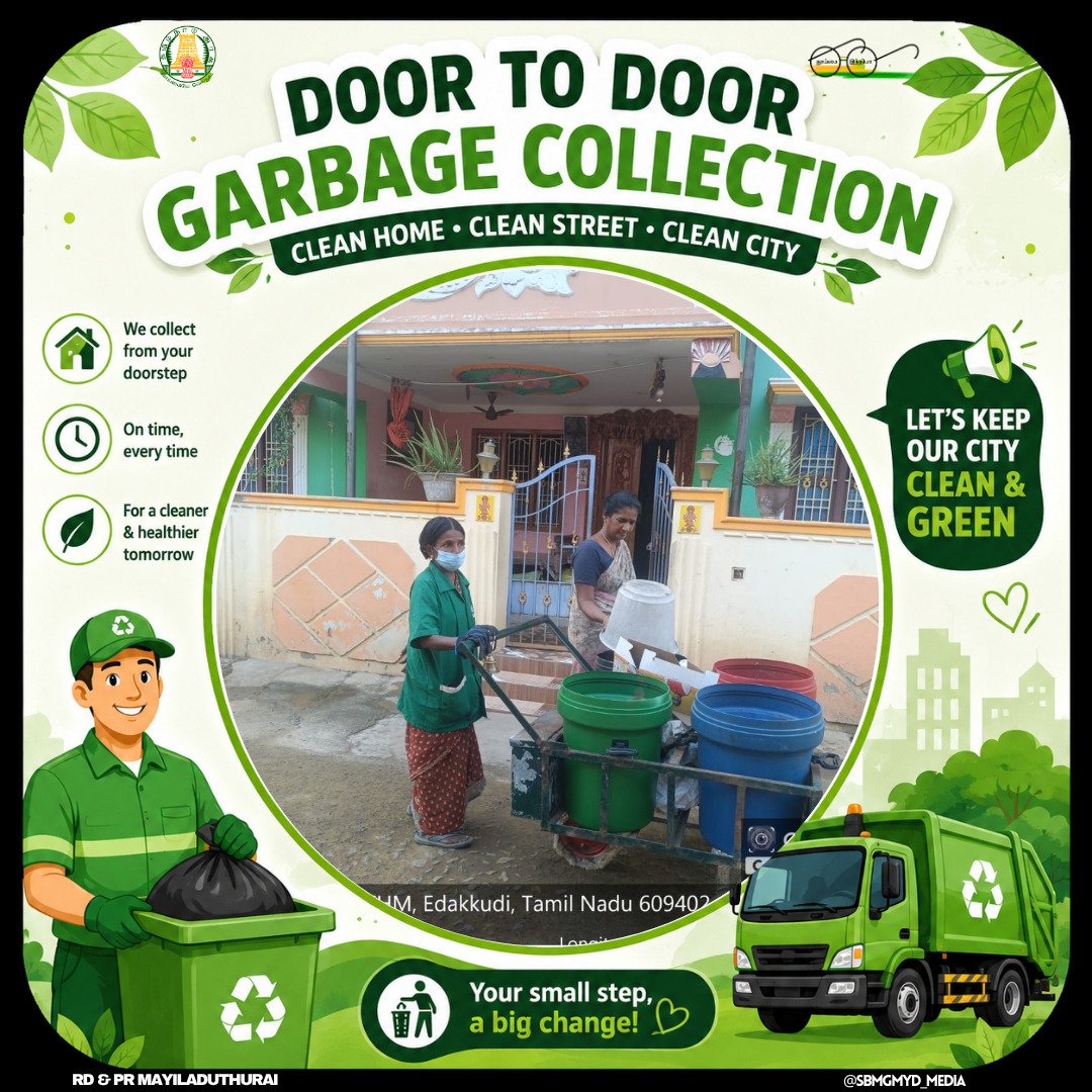 SbmGmyd_Media's tweet photo. 🚮 Clean Streets Start at Your Doorstep #Mayiladuthurai #SBMG #Garbagecollection
@tnrdpr
@TNSanitation
@swachhbharat
@MoRD_GoI https://t.co/YSJ0VaXXWk