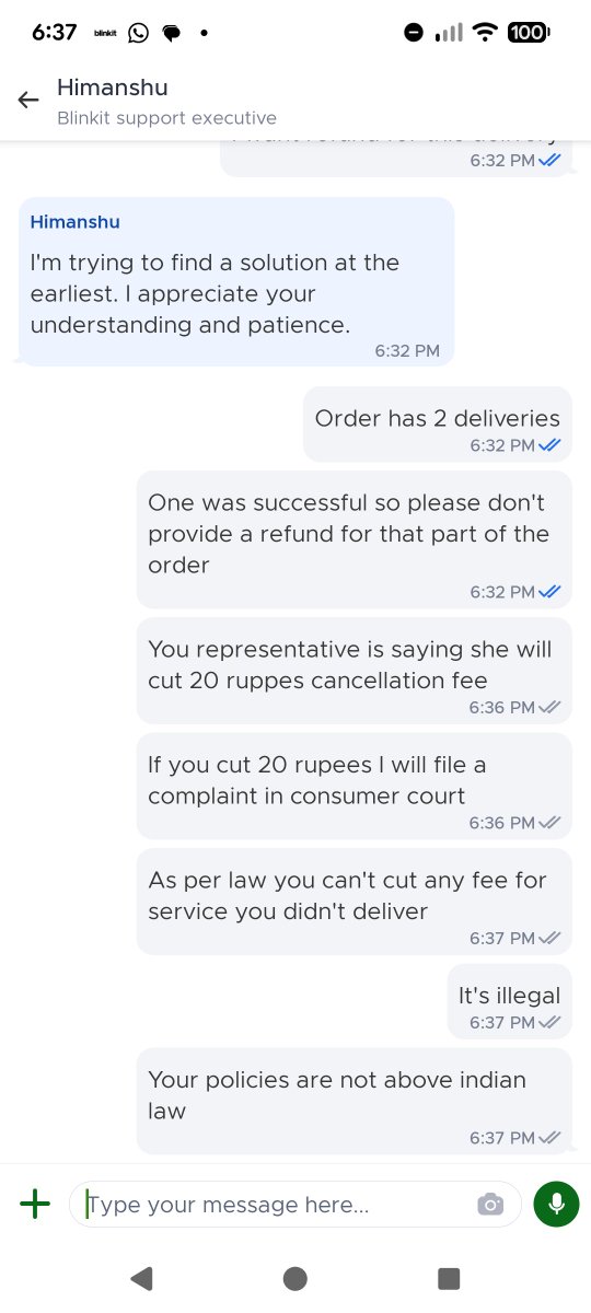 UtkarshMarathe's tweet photo. @letsblinkit @blinkitcares 
You are not delivering order.
Your rep said she will cut 20 rs to cancel. When I objected she cut the call
Your policies are not above indian law.

If you cut 20 rs for cancellation because you couldn't deliver order then I will go to consumer couet https://t.co/ZhR8FmosXq