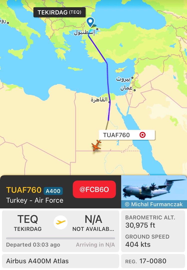 FCB6O's tweet photo. طائرتا نقل عسكري من طراز Airbus A440M Atlas (تحملان أرقام التسجيل: 17-0080 و 16-0055) والتابعتان للسلاح الجو التركي 🇹🇷، أقلعتا من مطار تيكيرداغ-تشورلو 🇹🇷،و هبطتا قبل قليل في مطار شرق العوينات 🇪🇬.

🔹ملاحظة: مطار تيكيرداغ–تشورلو يُستخدم من قبل شركة Baykar المصنعة لمسيرات بيرقدار. https://t.co/LMJ52ixDnq