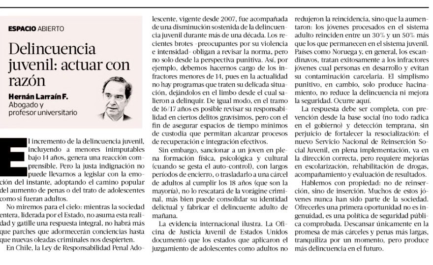 HernanLarrainF's tweet photo. Una opinión respecto de qué hacer y cómo actuar ante el recrudecimiento de la delincuencia juvenil.
Mi columna en @latercera de hoy https://t.co/F3yatLmz5z