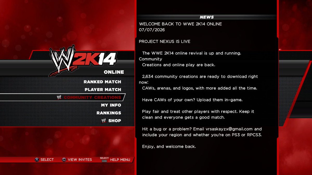 OBSG__'s tweet photo. so, yesterday my favorite wrestling game of all time WWE2K14, the servers came back online on ps3 after almost 11 years, October 31st 2015 the official online servers went offline &amp; nobody had hope they'd ever come back online. as of July 8th 2026 they're back, fan made! https://t.co/L4lfSjXise
