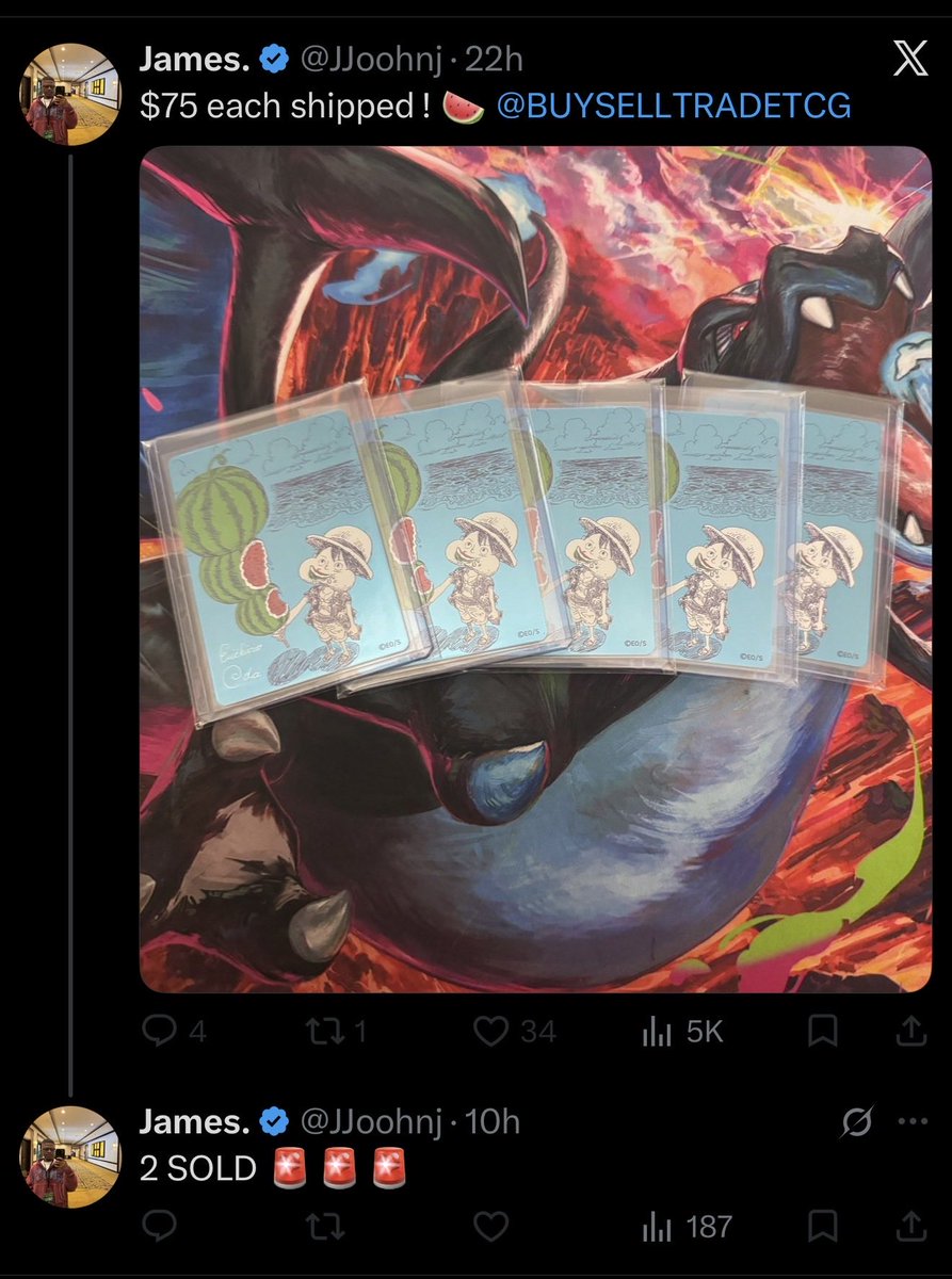 trunks_trader's tweet photo. @BUYSELLTRADETCG 

Don’t let this idiot use your good name while scamming people. He blocked me for calling him out on charging close to double market price for these. 2 poor sheep already fell for it. https://t.co/JSdwShRUZG