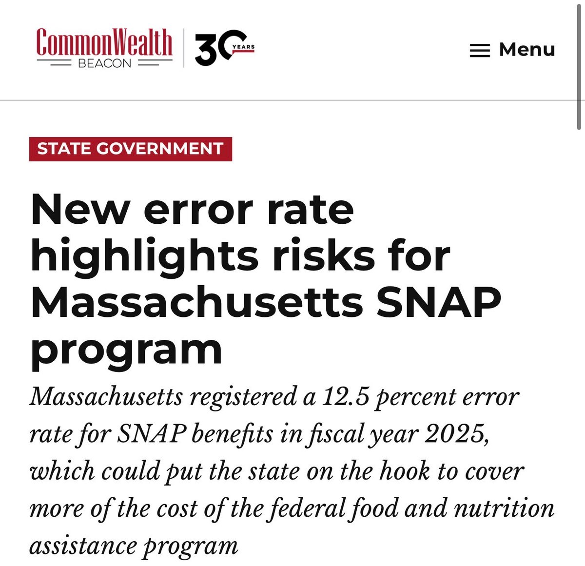 ShortsleeveMA's tweet photo. Massachusetts’ SNAP error rate was just 4.5% in 2018. It jumped to 11.8% in 2022, hit 14.1% in 2024, and is still at 12.5% today.

Now taxpayers could be on the hook for up to $319 million because Beacon Hill failed to do basic oversight.

Maura Healey keeps making excuses. I’ll audit these programs line by line, cut the waste, and protect taxpayer dollars. Accountability is coming. Help is on the way!
