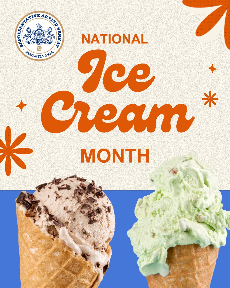 RepVenkat's tweet photo. July is National Ice Cream Month. This is the perfect time of year for taking your family out to one of our wonderful local ice cream shops for a cold treat! https://t.co/Pwz90Ts6b7